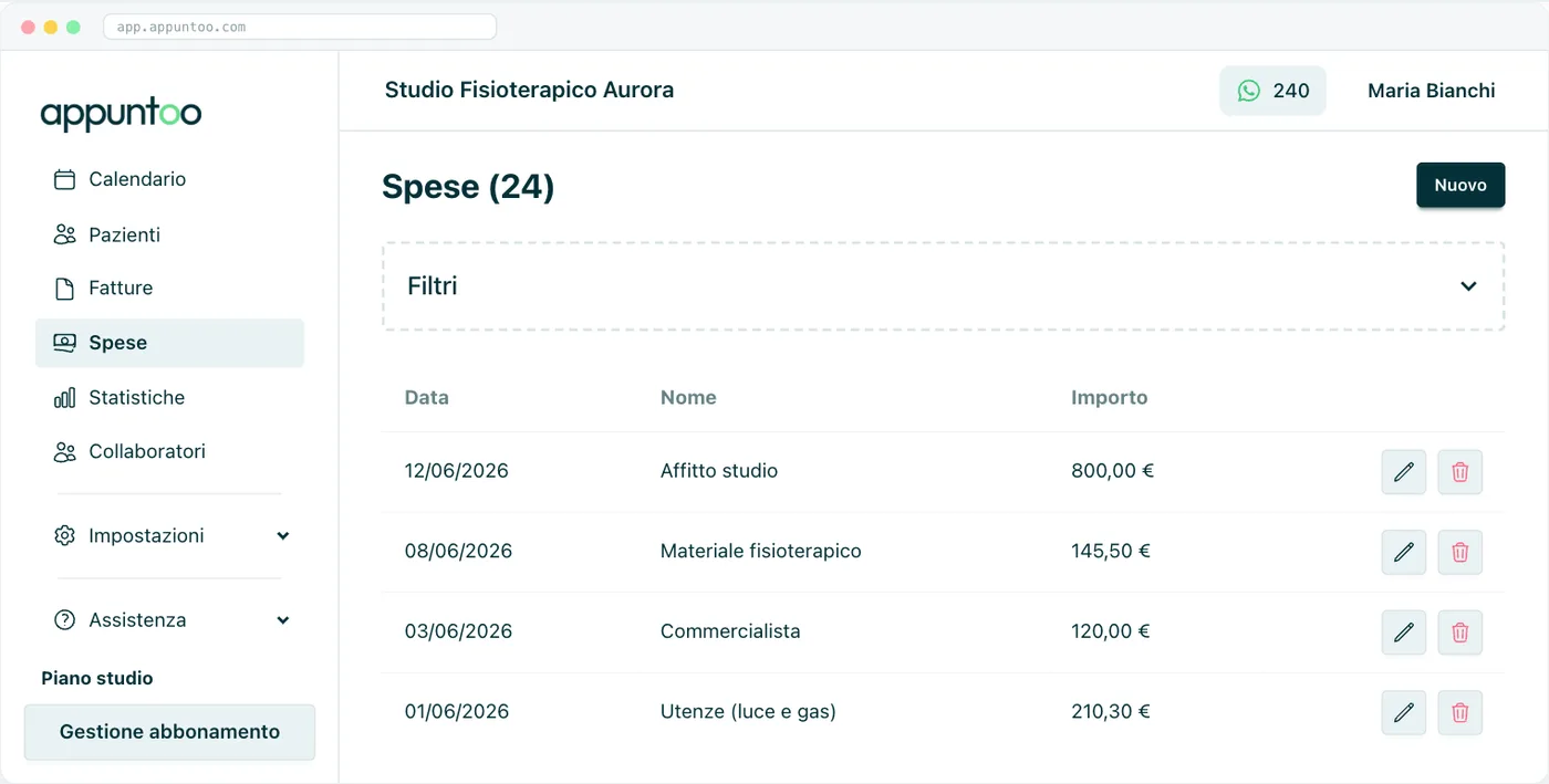 Lista spese Conteggio in alto, pulsante «Nuovo», e le colonne Data, Nome e Importo con le azioni per modificare ed eliminare.