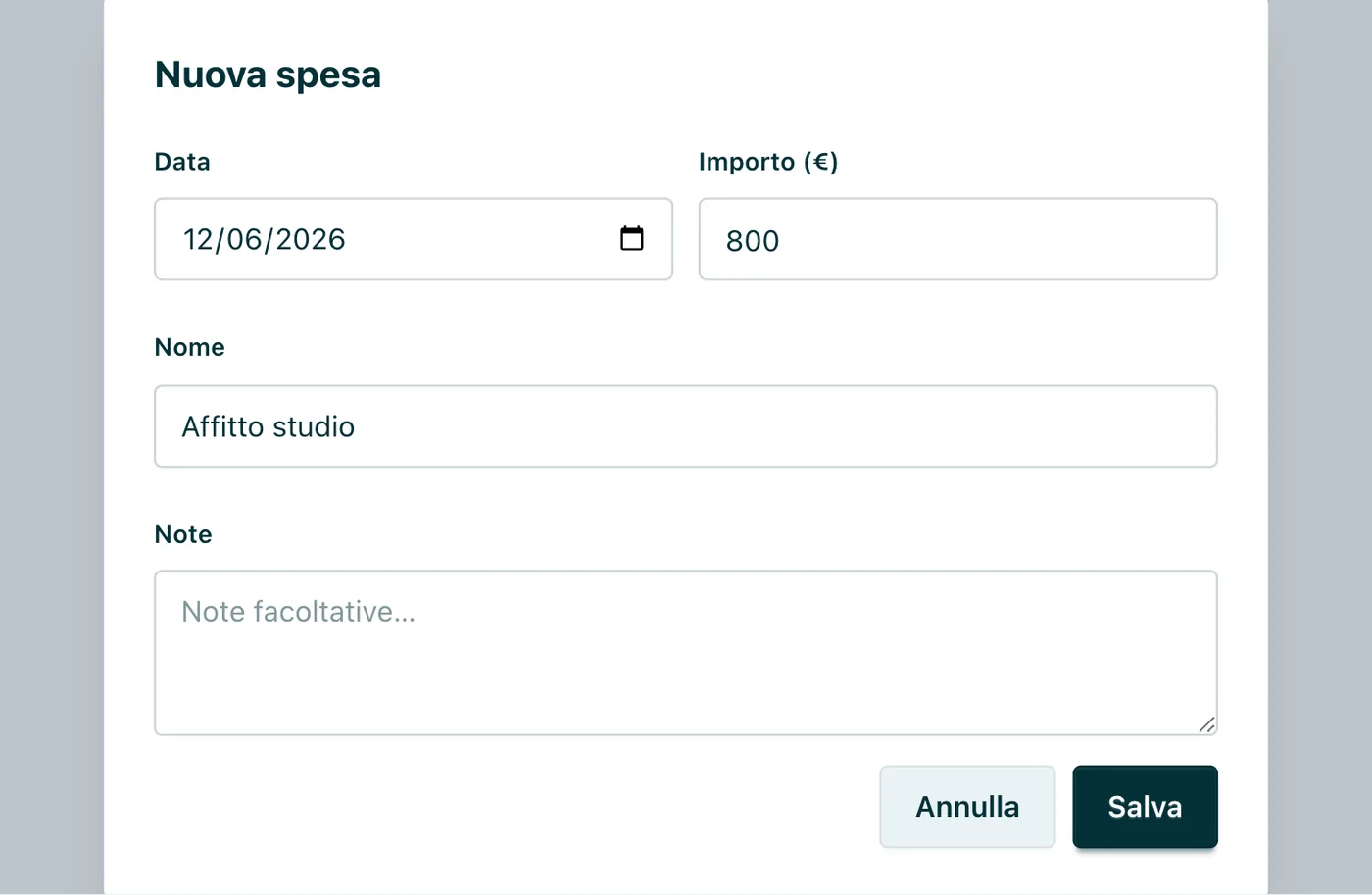 Nuova spesa I campi della finestra: Data, Importo, Nome e Note.