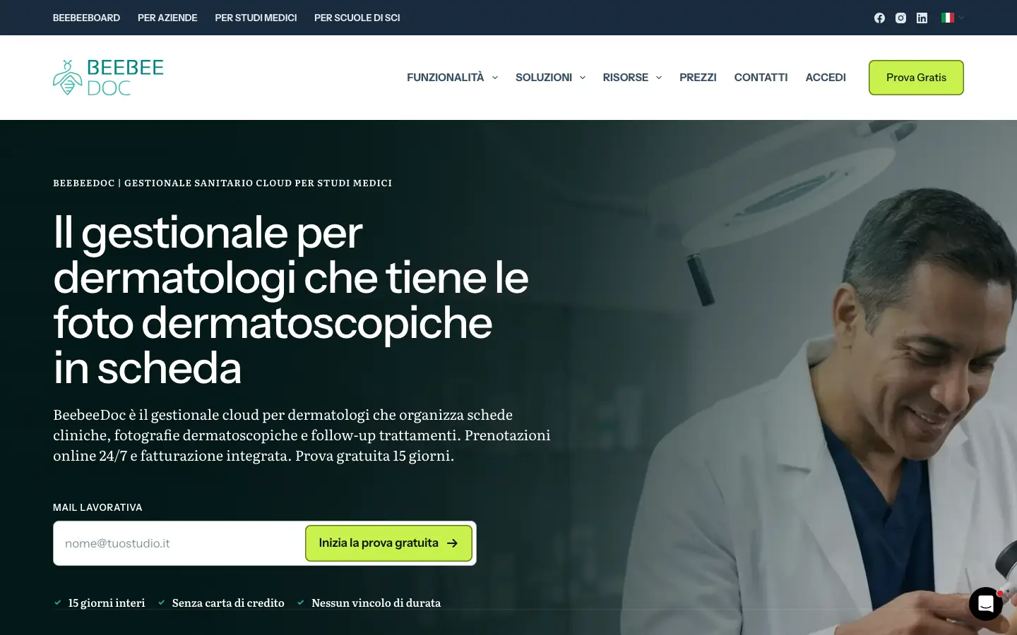 Pagina di BeebeeDoc dedicata ai dermatologi, con il titolo sul gestionale che tiene le foto dermatoscopiche in scheda