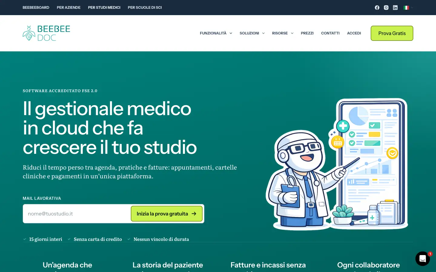 Homepage ufficiale BeebeeDoc con presentazione del gestionale sanitario cloud