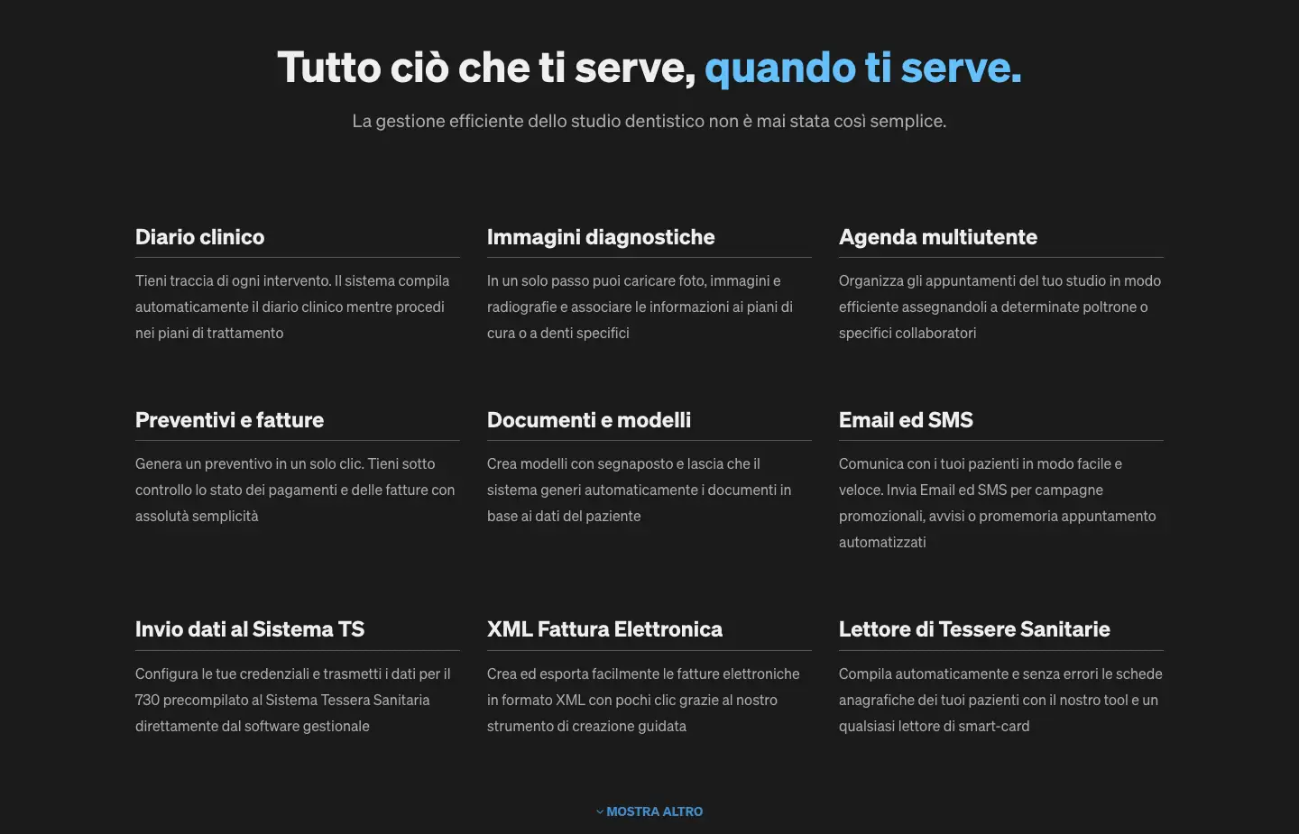 Sezione funzionalità di Open Kanino con diario clinico, immagini diagnostiche, agenda multiutente, preventivi, documenti, email e SMS, Sistema TS e fattura elettronica